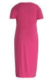 Robe rose mode décontractée grande taille poche solide col en V manches courtes