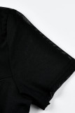 Черный сексуальный сплошной пэчворк прозрачный с круглым вырезом и коротким рукавом из двух частей