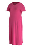 Robe rose mode décontractée grande taille poche solide col en V manches courtes