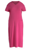 Vestido de manga corta con cuello en V y bolsillo sólido de talla grande casual de moda rosa