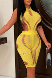 Yellow Sexy Solid Hollowed Out Patchwork O Neck Skinny Rompers