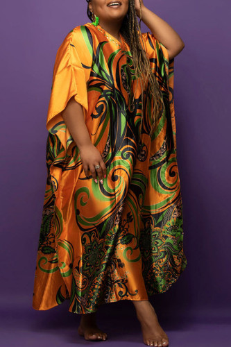 Orange Fashion Casual Plus Size Print Basic V Neck Long Dress