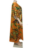 Оранжевое модное повседневное длинное платье больших размеров с принтом и V-образным вырезом