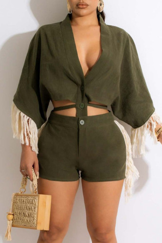 Ink Green Casual Solid Tassel Bandage Patchwork Buckle V Neck Half Sleeve Two Pieces