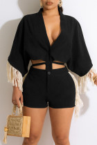Black Casual Solid Tassel Bandage Patchwork Buckle V Neck Half Sleeve Two Pieces