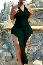 Army Green Sexy Casual Solid Bandage Backless Slit Halter Plus Size Jumpsuits