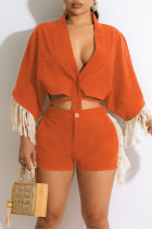Tangerine Red Casual Solid Tassel Bandage Patchwork Buckle V Neck Half Sleeve Two Pieces