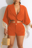 Tangerine Red Casual Solid Tassel Bandage Patchwork Buckle V Neck Half Sleeve Two Pieces