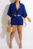 Royal Blue Casual Solid Tassel Bandage Patchwork Buckle V Neck Half Sleeve Two Pieces