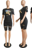 Black Sexy Print Ripped Patchwork O Neck Short Sleeve Two Pieces