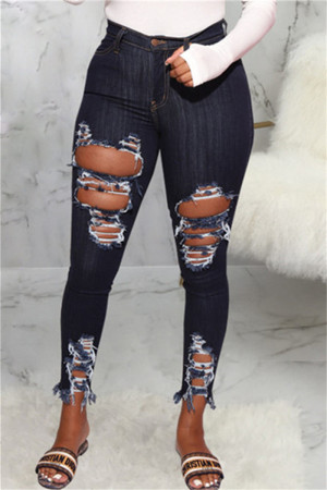 Dark Blue Fashion Casual Solid Patchwork High Waist Ripped Skinny Denim Jeans