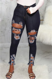 Black Fashion Casual Solid Ripped Patchwork High Waist Skinny Denim Jeans