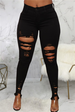 Black Fashion Casual Solid Patchwork High Waist Ripped Skinny Denim Jeans