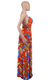 Red Sexy Casual Print Patchwork Backless Spaghetti Strap Long Dress