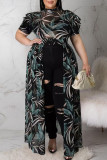 Бирюзовый сексуальный принт Пэчворк Прозрачные асимметричные воротник-стойка Прямые платья больших размеров