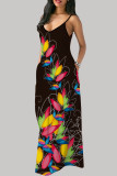 黒赤ファッションカジュアルプリント背中の開いたスパゲッティストラップロングドレス