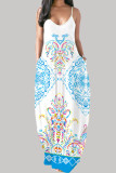 ホワイトブルーファッションカジュアルプリントバックレススパゲッティストラップロングドレス