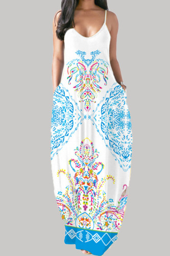 ホワイトブルーファッションカジュアルプリントバックレススパゲッティストラップロングドレス