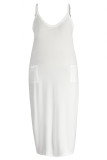 Vestido largo con correa de espagueti con bolsillo sólido de talla grande informal blanco sexy