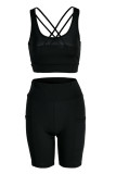 Black Sexy Casual Sportswear Solid Backless U Neck Sleeveless Two Pieces