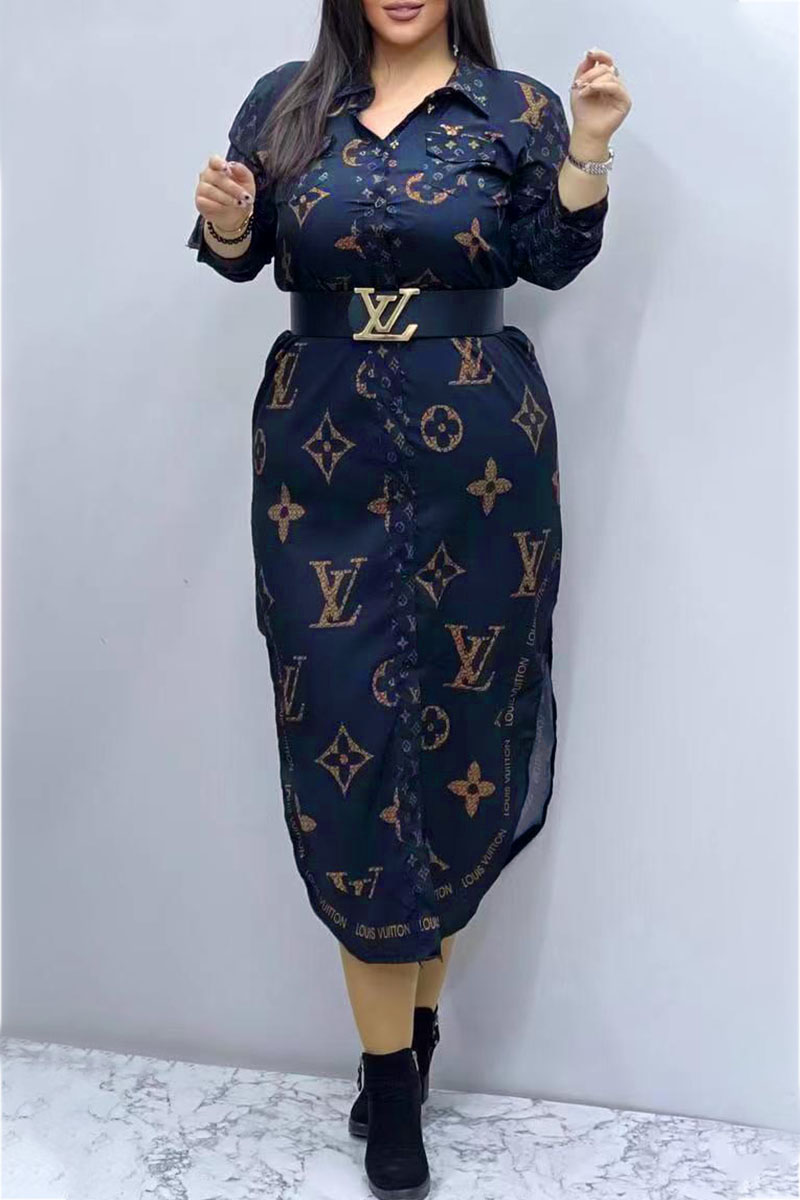 

Navy Blue Fashion Casual Print Letter Turndown Collar One Step Skirt Dresses