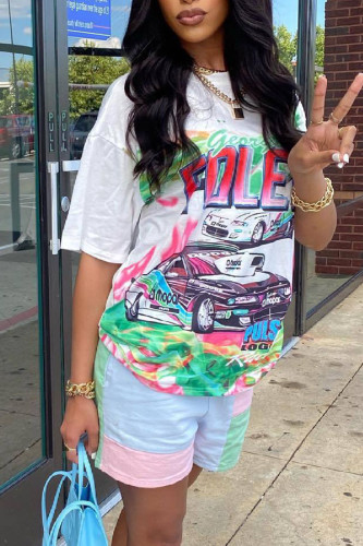 White Casual Print Patchwork O Neck Short Sleeve Two Pieces