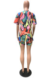 Colour Fashion Casual Print Basic O Neck Short Sleeve Two Pieces