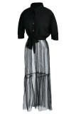 Black Fashion Casual Solid Patchwork Turndown Collar Short Sleeve Dress Dresses