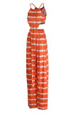 Orange Fashion Casual Print Bandage Asymmetrical O Neck Sleeveless Two Pieces