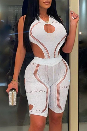 White Sexy Solid Hollowed Out Patchwork O Neck Skinny Rompers