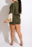 Ink Green Casual Solid Tassel Bandage Patchwork Buckle V Neck Half Sleeve Two Pieces