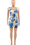 Blue Casual Print Patchwork V Neck Straight Rompers