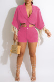 Pink Casual Solid Tassel Bandage Patchwork Buckle V Neck Half Sleeve Two Pieces