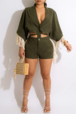 Ink Green Casual Solid Tassel Bandage Patchwork Buckle V Neck Half Sleeve Two Pieces