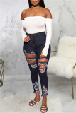 Black Fashion Casual Solid Ripped Patchwork High Waist Skinny Denim Jeans