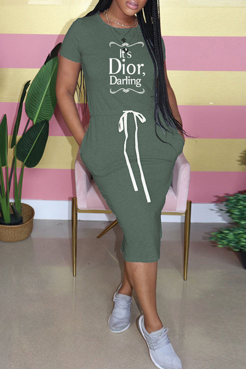 

Green Fashion Casual Print Letter O Neck Dresses