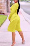 Gelbes, lässiges, einfarbiges Patchwork-Kleid mit U-Ausschnitt und langen Ärmeln, dreiteilig