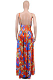 Red Sexy Casual Print Patchwork Backless Spaghetti Strap Long Dress