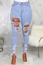 Baby Blue Fashion Casual Solid Patchwork High Waist Ripped Skinny Denim Jeans