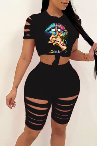 Black Sexy Print Ripped Patchwork O Neck Short Sleeve Two Pieces