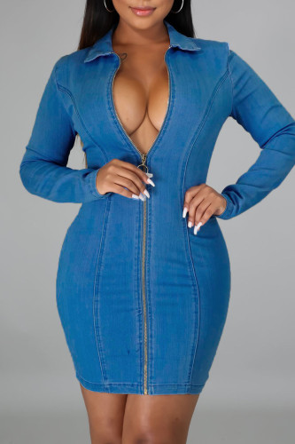 Blue Sexy Solid Split Joint Zipper Zipper Collar Long Sleeve Regular Denim Dresses