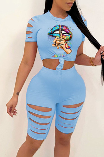 Blue Sexy Print Ripped Patchwork O Neck Short Sleeve Two Pieces