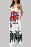 ホワイトレッドファッションカジュアルプリントバックレススパゲッティストラップロングドレス