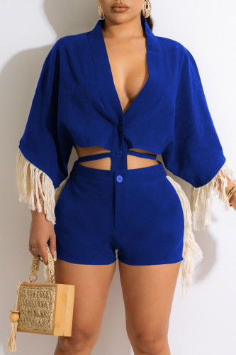 Royal Blue Casual Solid Tassel Bandage Patchwork Buckle V Neck Half Sleeve Two Pieces