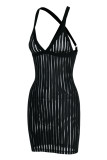 Schwarzes, modisches, sexy, festes, durchsichtiges, rückenfreies Patchwork-Kleid mit V-Ausschnitt