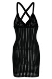 Black Fashion Sexy Solid Patchwork See-through Backless V Neck Sling Dress