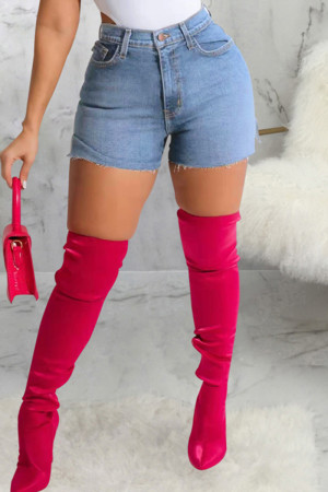 Baby Blue Fashion Casual Solid Slit High Waist Regular Denim Shorts