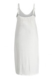 ホワイトセクシーカジュアルプラスサイズソリッドポケットスパゲッティストラップロングドレス