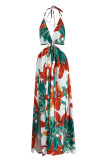 Light Color Fashion Sexy Tropical Print Backless Thigh Split Halter Sling Maxi Dress