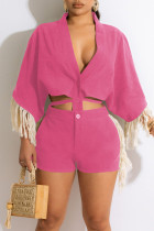 Pink Casual Solid Tassel Bandage Patchwork Buckle V Neck Half Sleeve Two Pieces